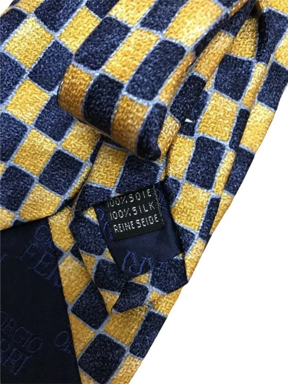 Giorgio Ferri Mens Tie Blue Yellow 100 Italian Silk Italy Designer Checkerboard